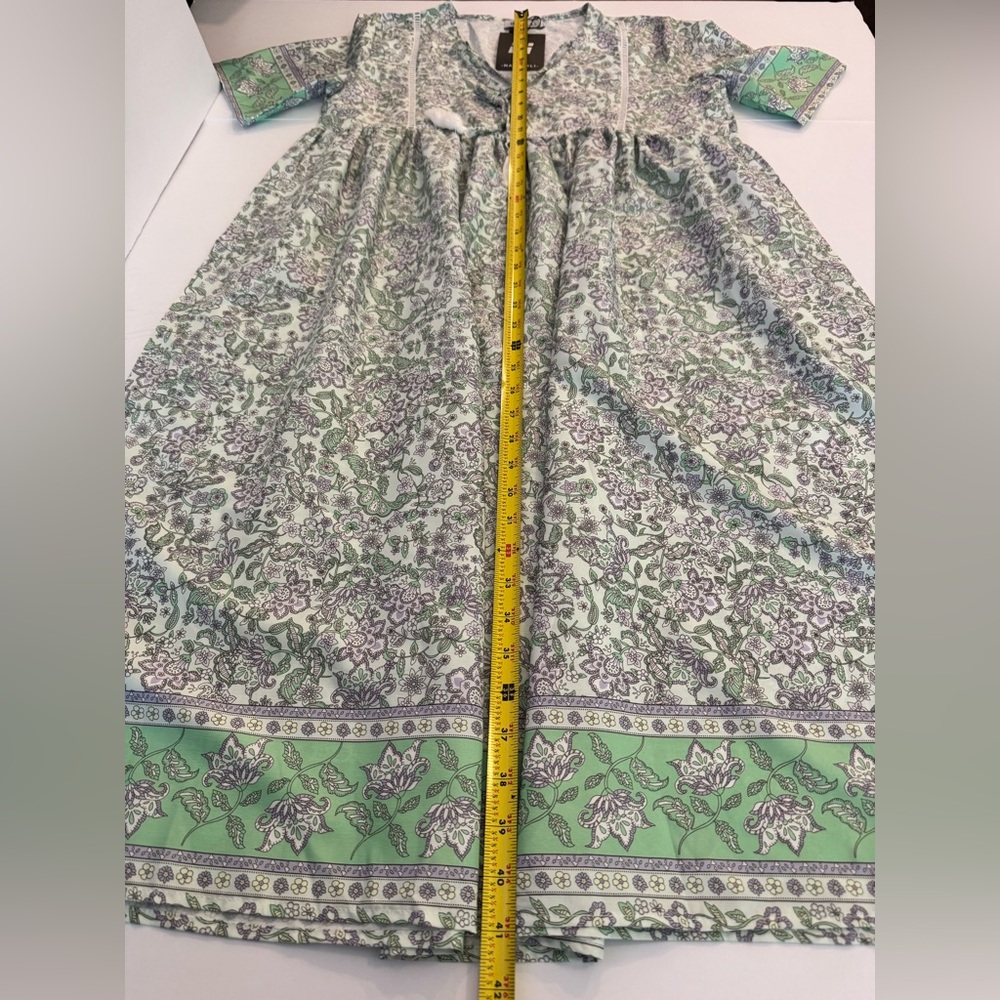 Hawalili Green & Lavender Floral Boho Midi Dress- size S oversized - Picture 15 of 16